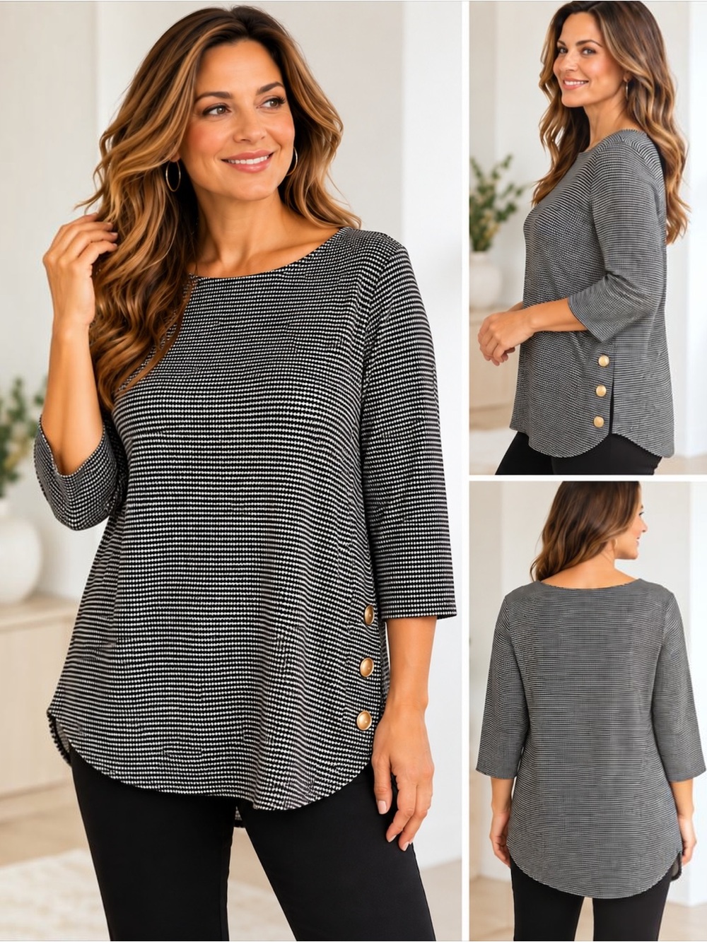Chico’s Houndstooth Tunic Top Size 3 XL 16/18 Black White Side Buttons